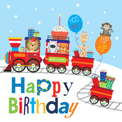 Happy birthday card design with lion.tiger  zebra and giraffe on the train