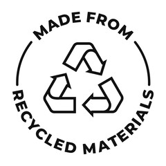 Made from recycled materials label. Reused plastic or polyester sign. Zero waste vector illustration for product packaging logo, sign, symbol or emblem isolated.