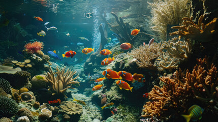 Fototapeta na wymiar A large aquarium displaying a variety of bright and colorful fish swimming freely in their aquatic habitat