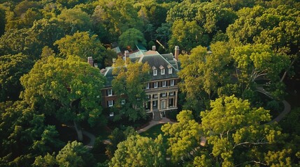 Capture a breathtaking drone shot of Belmont Mansion nestled among a canopy of lush trees in Philadelphia