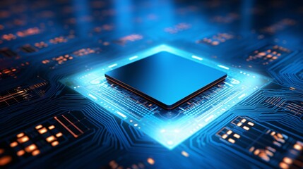 Quantum computer chips emitting cool blue light symbolizing the intersection of quantum mechanics and computing technology