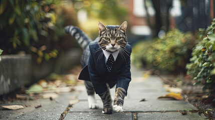 A cat dressed in a suit and tie struts confidently down a city sidewalk - obrazy, fototapety, plakaty
