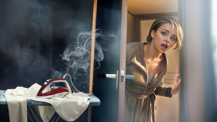 Film grain effect, smoke from steam iron on ironing board, surprised woman housewife enters room, fire hazard - obrazy, fototapety, plakaty