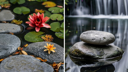 Two pictures featuring a pond surrounded by rocks and vibrant flowers in bloom. The tranquil water reflects the natural beauty of the colorful flora