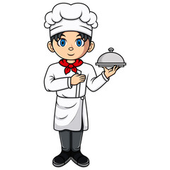 Cartoon little boy chef holding a silver tray