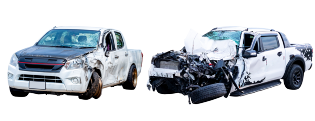 Car crash, Front and Side view of white pickup car get hard damaged by accident on the road. damaged cars after collision. isolated on transparent background, PNG File