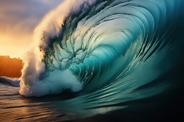 Powerful foamy swirling sea wave. Surfing wave. Generated by artificial intelligence