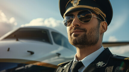 smart captain wearing captain suit stand in front of plane for inspection runway, plane, engine before take off for flight plane transportation by private jet for business trip of businessman
