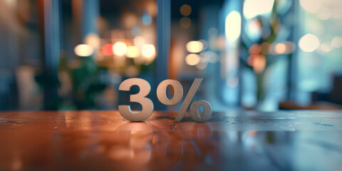 3 percent off. discount number "3%" mede of metalic, on a table, blurred background