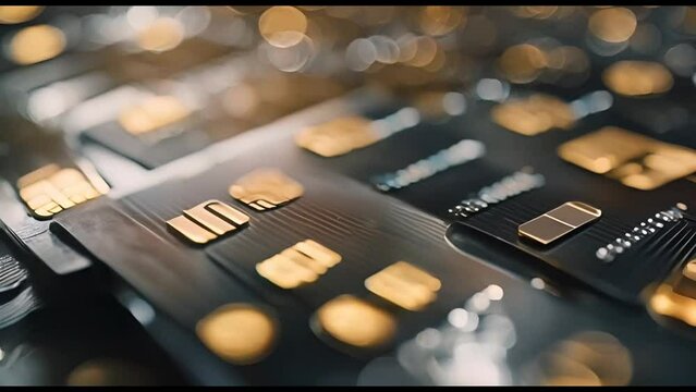 Credit card chip or digitally generated image of credit cards. Concept of new banking and cloud technology