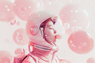 An astronaut girl among bubbles on a simple light pink background. The concept of a banner for Cosmonautics Day with copy space. 3D style