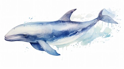 Watercolor painting of a gentle whale with a tender expression floating serenely in the ocean on a white background