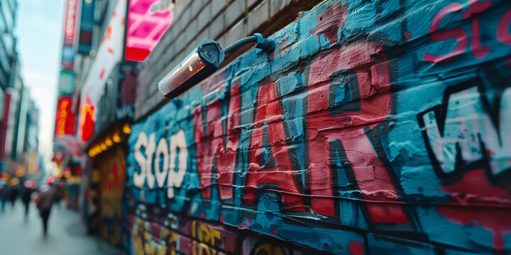 Poniamo fine alla guerra. Scritta "stop war" dipinta su un muro. Graffiti. Mureales.