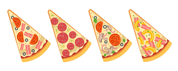 4 types of pizza. Pizza slices vector illustration. 