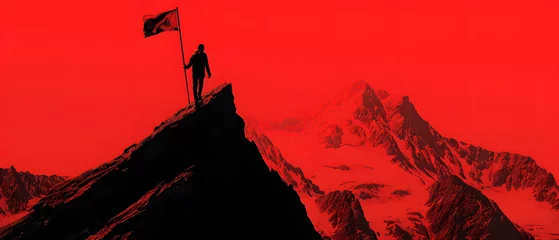 Cercles muraux Rouge Man with flag on top of the mountain against the sky. Concept business ideas, success and achievement, winner leader.
