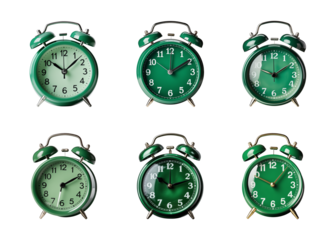 Collection of green alarm clock isolated on a transparent background, PNG