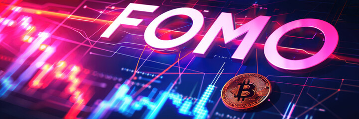 FOMO cryptocurrency poster with Bitcoin. - 750657513