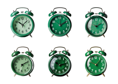 Collection of green alarm clock isolated on a transparent background, PNG