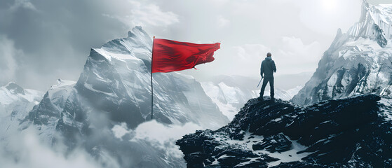 Man with flag on top of the mountain against the sky. Concept business ideas, success and achievement, winner leader. - obrazy, fototapety, plakaty