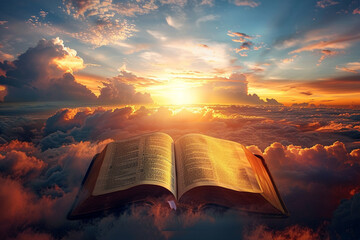 Open scriptures amidst the beauty of sunset clouds parting as if in prayer a scene of divine...