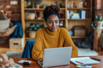 Young African American woman entrepreneur in a yellow sweater focuses on her freelance work, using...