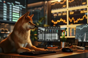 Shiba inu looking at Cryptocurrency charts, Dogecoin, bitcoin and Crypto investments, Doge, trending coins concept - obrazy, fototapety, plakaty