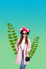 Vertical collage of gorgeous cheerful girl floral wreath big green plant leaves isolated on creative painted background