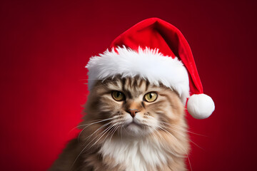 Christmas-Ready Cat in Santa Hats, Isolated on Vibrant Red Background.