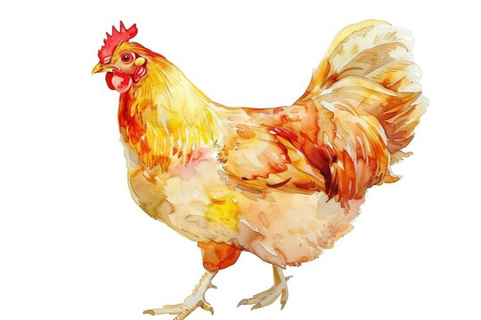 A red rooster, with feathers ruffled, stands alone on a bright white background
