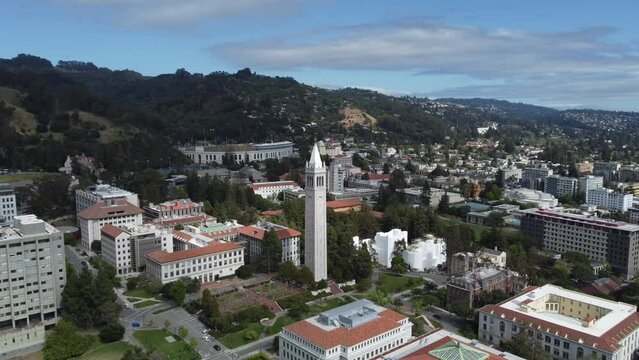 Aerial video of the UC Berkeley campus and Sather Tower. in the USA.