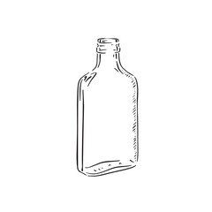 A line drawn black and white illustration of a glass bottle, shaded using lines and drawn in a sketchy style.