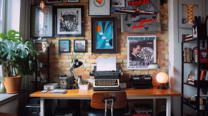 A charming home office space adorned with eclectic vintage decor, a classic typewriter on the desk, and an assortment of framed art on exposed brick.