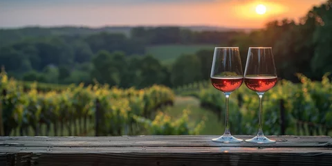 Fototapeten red wine glasses at farm house vineyard countryside  © Denis
