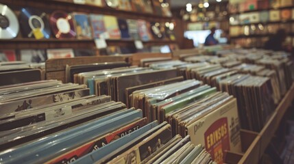 A warm, nostalgic scene inside a vintage record store, showcasing rows of vinyl records with a bokeh of album art in the background. - obrazy, fototapety, plakaty