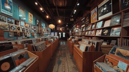 The inviting interior of a cozy record shop, lined with an extensive and varied collection of vinyl records, evoking a sense of musical exploration.