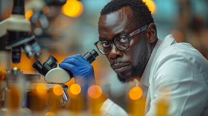 scientist working with microscope and test tube at lab  - obrazy, fototapety, plakaty