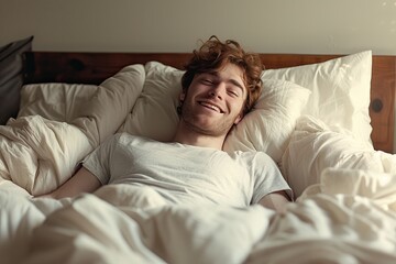 a handsome and happy young american man is relaxing in bed
