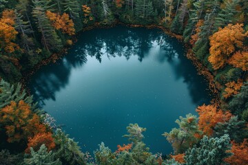 A serene forest scene with a peaceful lake reflecting autumn's vibrant colors under a blue sky.