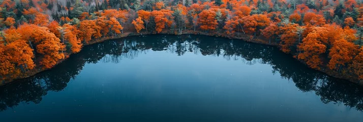 Schilderijen op glas A picturesque autumn scene with vibrant foliage reflecting on a tranquil lake under a colorful sky. © Andrii Zastrozhnov
