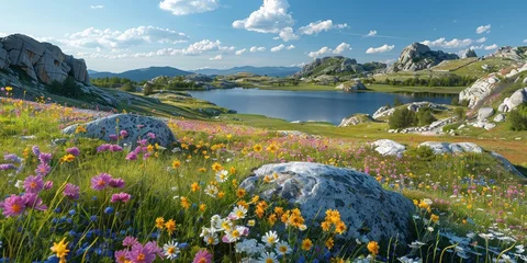 Foto op Canvas An awe-inspiring alpine landscape with a serene lake, majestic mountains, and colorful wildflowers in bloom. © Andrii Zastrozhnov