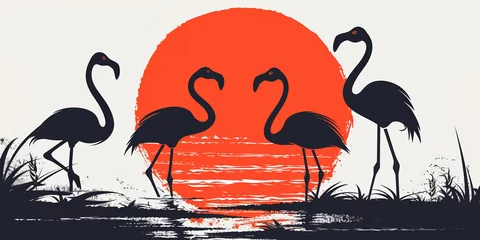 Meubelstickers A picturesque scene unfolds as a flock of flamingos grace the tropical landscape against the backdrop of a stunning sunset sky. © Andrii Zastrozhnov