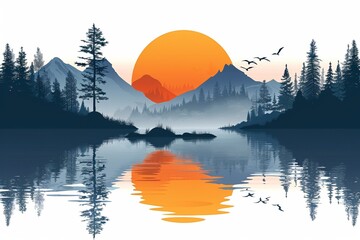 Obraz premium A serene landscape with a tranquil lake, majestic mountains, and a vibrant sunrise over the horizon.