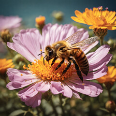 A selectively focused close-up image of a honeybee collecting nectar from a vibrant purple flower against a floral backdrop.