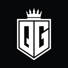QG Logo monogram bold shield geometric shape with crown outline black and white style design