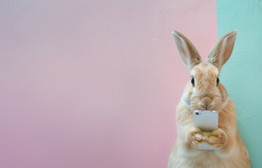 Easter bunny texting on smartphone on pastel background
