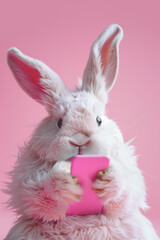  Easter bunny texting on smartphone on pastel background