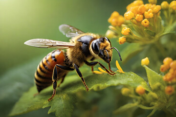 A close-up image showcasing a honeybee in its natural habitat against a yellow-colored flower and leaf background.