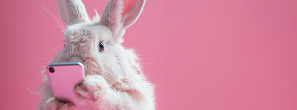  Easter bunny texting on smartphone on pastel background