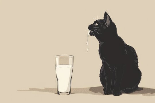 A black cat looks and licks a glass of milk. Cute hungry cat on a simple light background. Caring for animals.