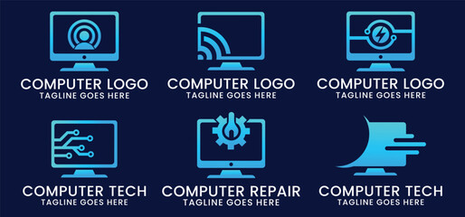 set computer technology and computer repair logo design inspiration template. desktop service logotype